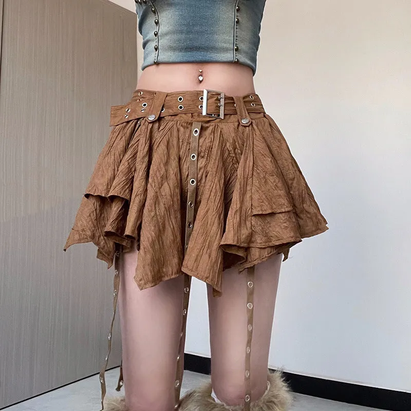 Wenkouban Women's Autumn Outfit Retro Rock Irregular Hem Corns Ribbon High Waist Skirt Spring and Summer New Belt Solid Color Skirt