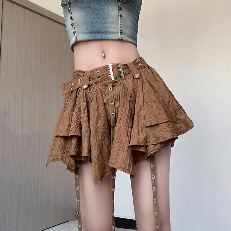 Wenkouban Women's Autumn Outfit Retro Rock Irregular Hem Corns Ribbon High Waist Skirt Spring and Summer New Belt Solid Color Skirt