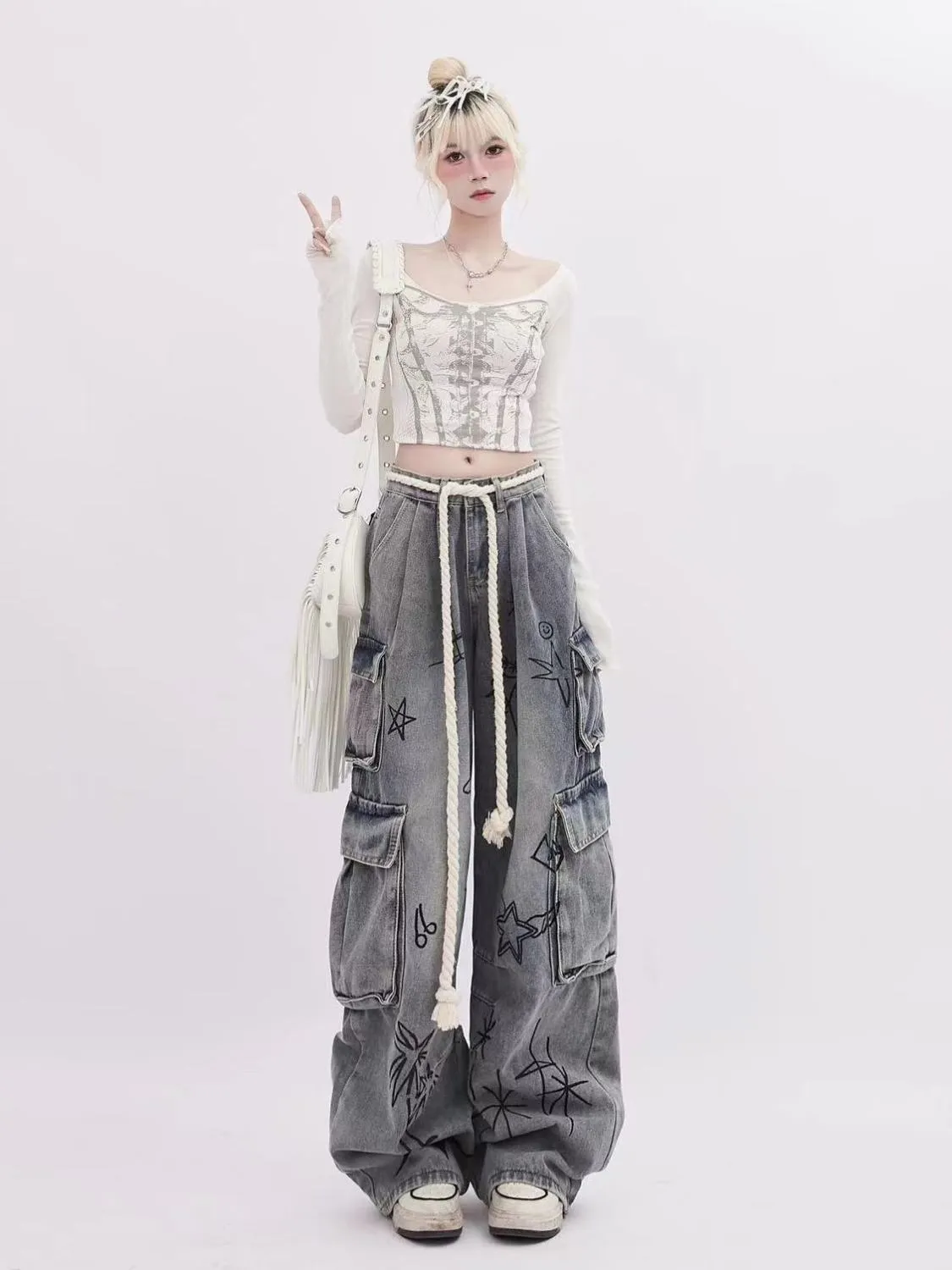 Wenkouban y2k Street Fun Graffiti Multi-Pocket Workwear Jeans Women's Spring High Waist Loose Slimming Wide Leg Mopping Pants