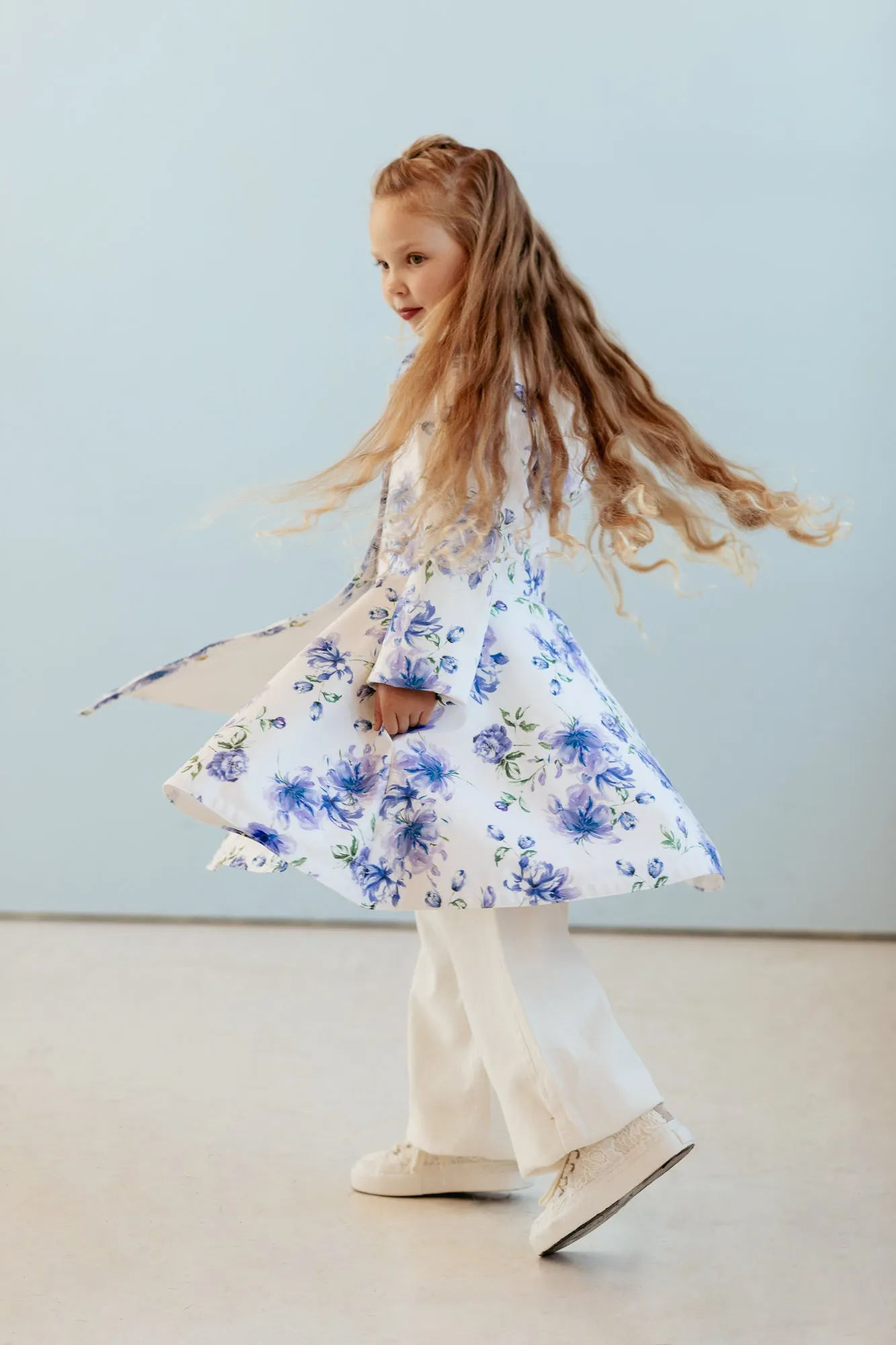 White Fitted and Flared Coat for Girls with Blue Flower Print | 'Blue Whisper'