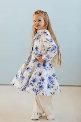 White Fitted and Flared Coat for Girls with Blue Flower Print | 'Blue Whisper'