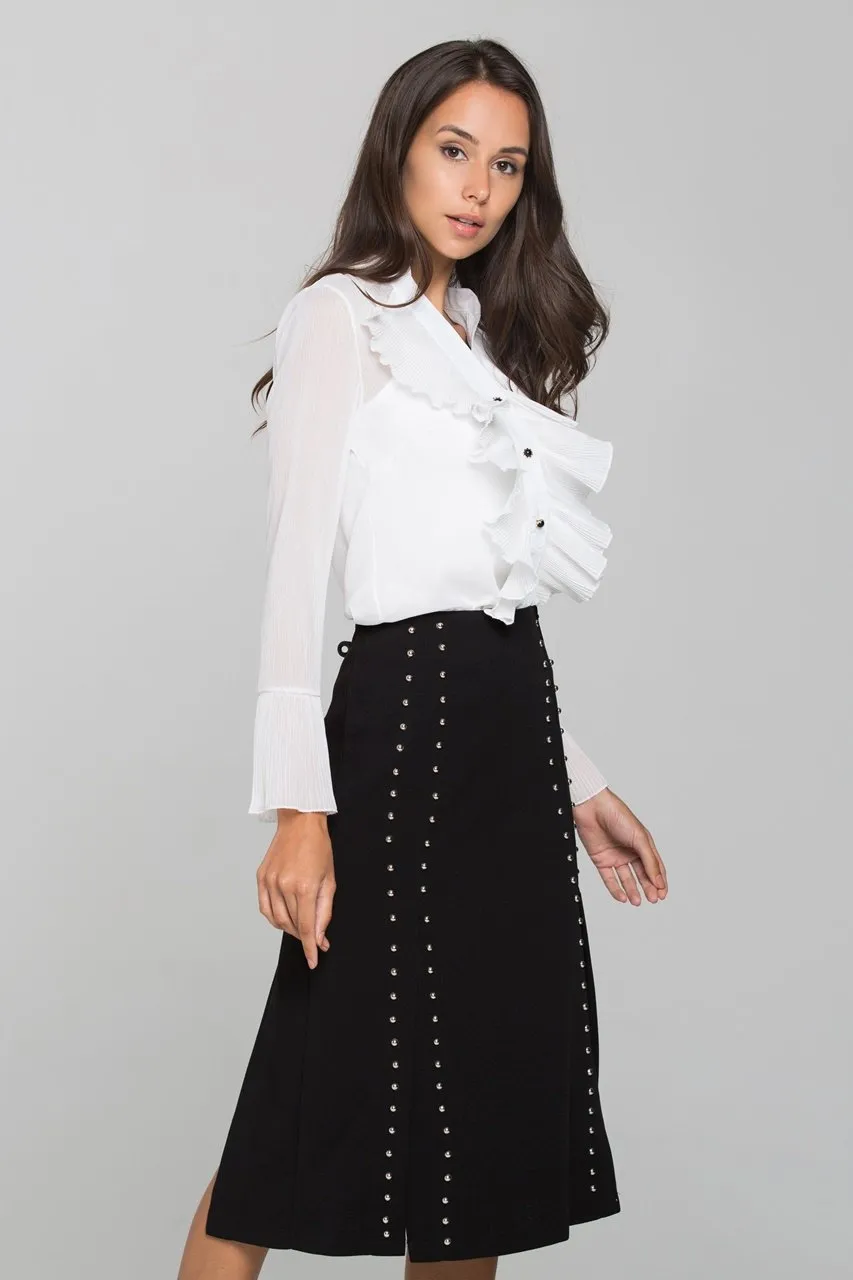 White Pleated Gabot Top and Black Skirt Set