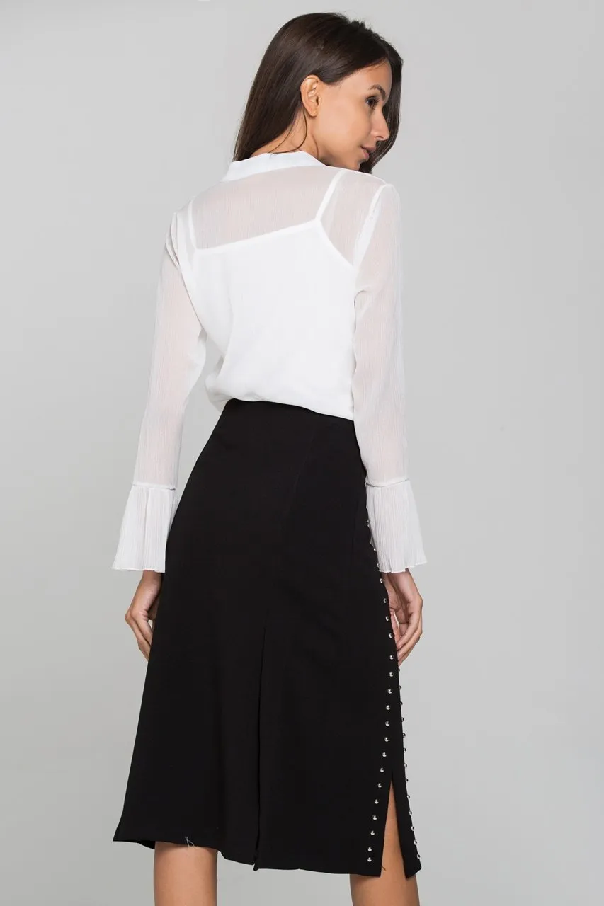 White Pleated Gabot Top and Black Skirt Set