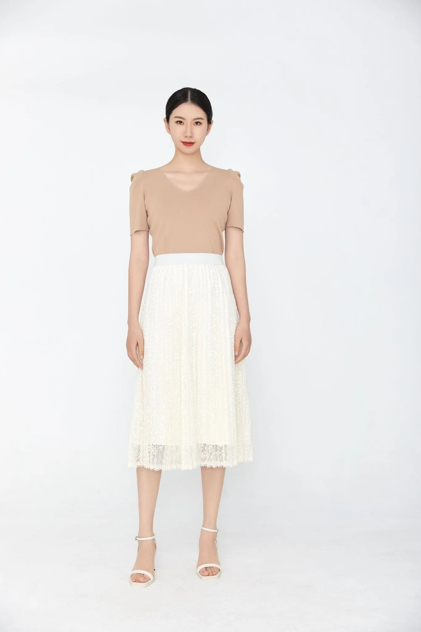 White Pleated Lace Midi Skirt