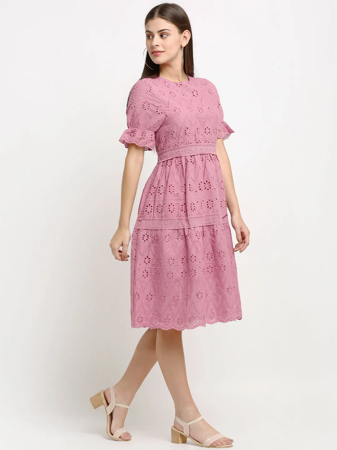 Women Pink Schiffli Dress