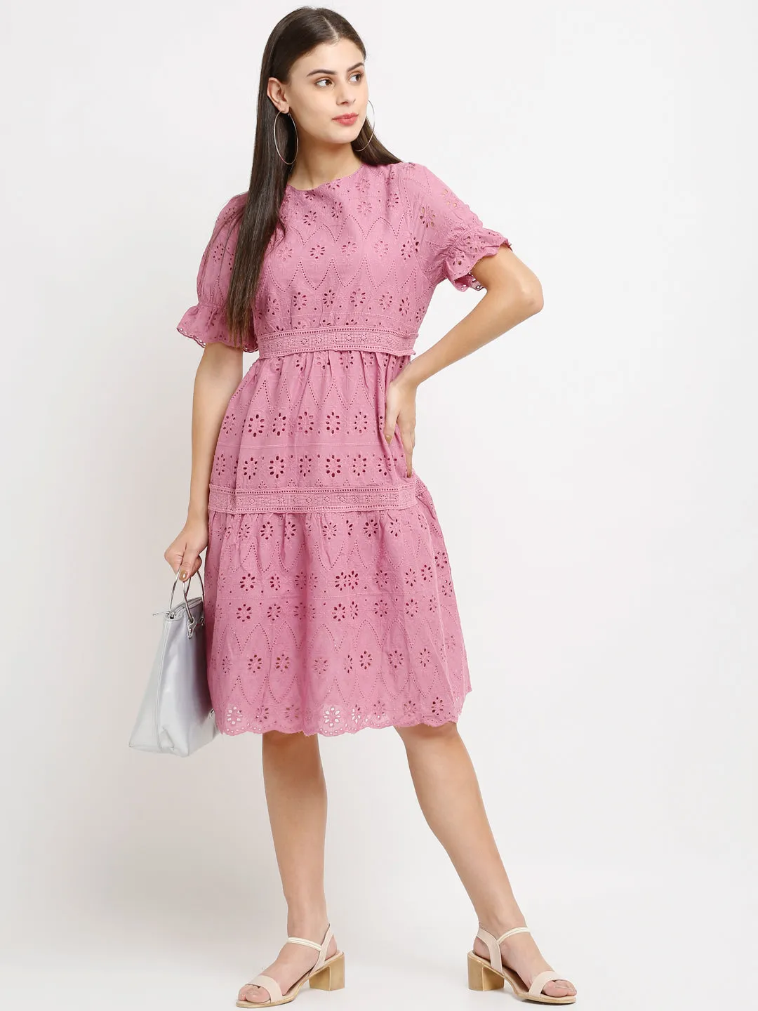 Women Pink Schiffli Dress