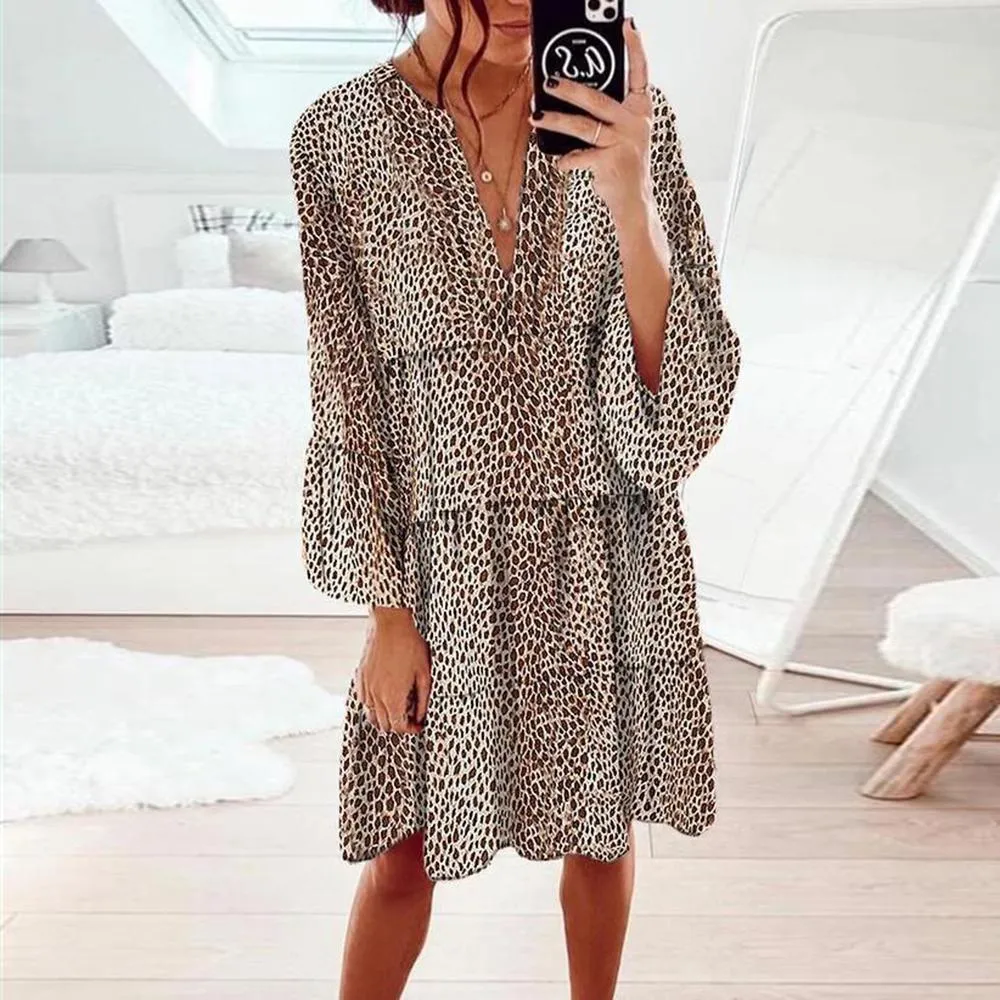 Women's Clothing Leopard Print V-neck Plus Size Loose Long Sleeve Dress