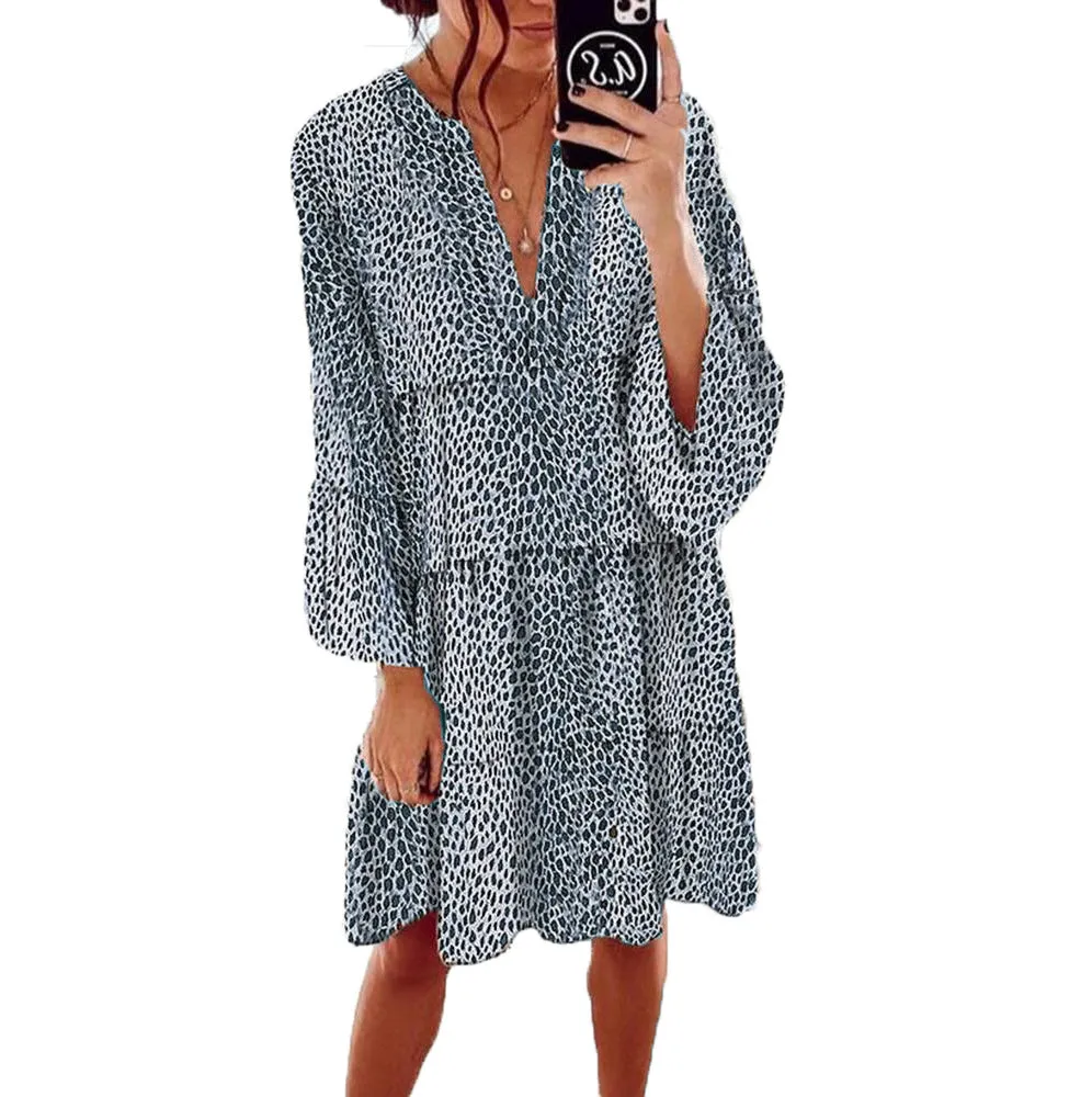 Women's Clothing Leopard Print V-neck Plus Size Loose Long Sleeve Dress