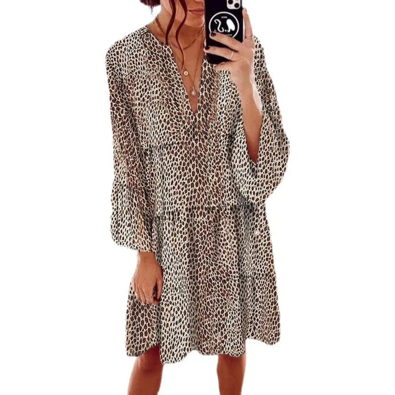 Women's Clothing Leopard Print V-neck Plus Size Loose Long Sleeve Dress