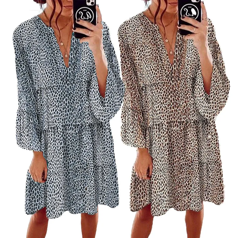 Women's Clothing Leopard Print V-neck Plus Size Loose Long Sleeve Dress