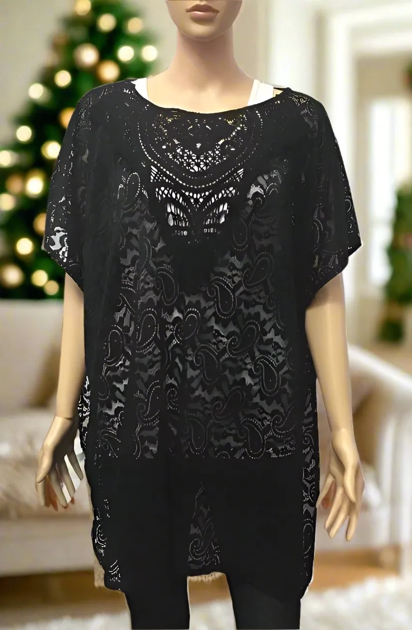 Womens Paisley Lace Top, Elegant Christmas Kimono, Swim Cover, One Size, Black or White