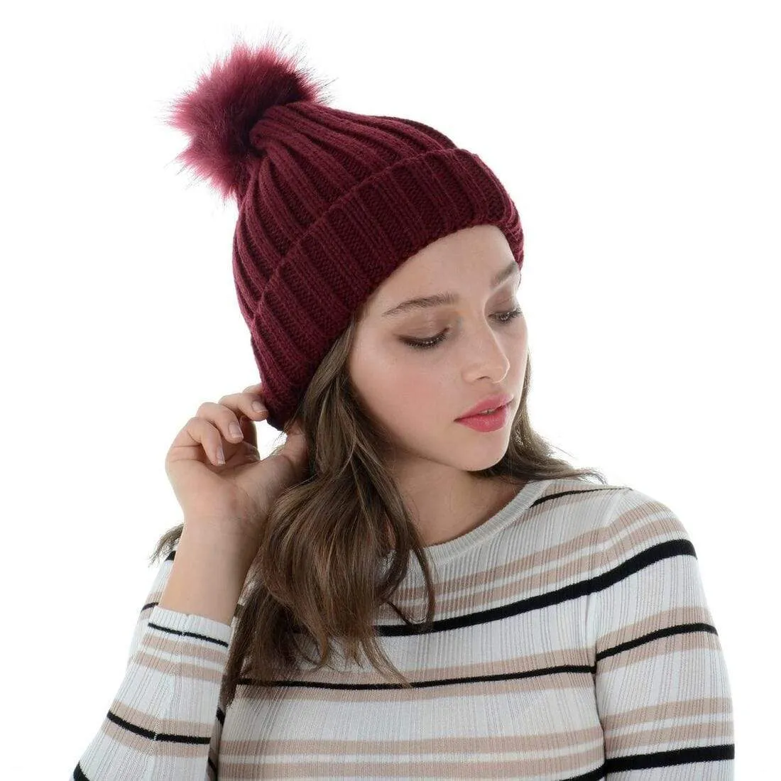 Womens Pom Pom Bobble Beanie Hat Knitted Faux Fur 5 Colours