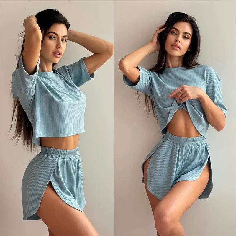 Women's Round Neck Midriff Outfit Short Sleeve Top