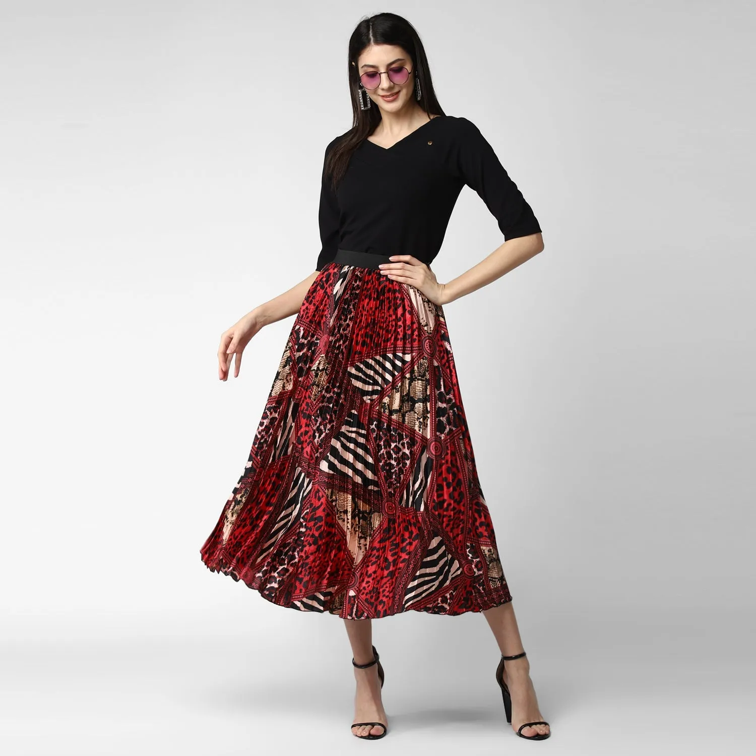 Women's Satin Printed Pleated Skirt - StyleStone