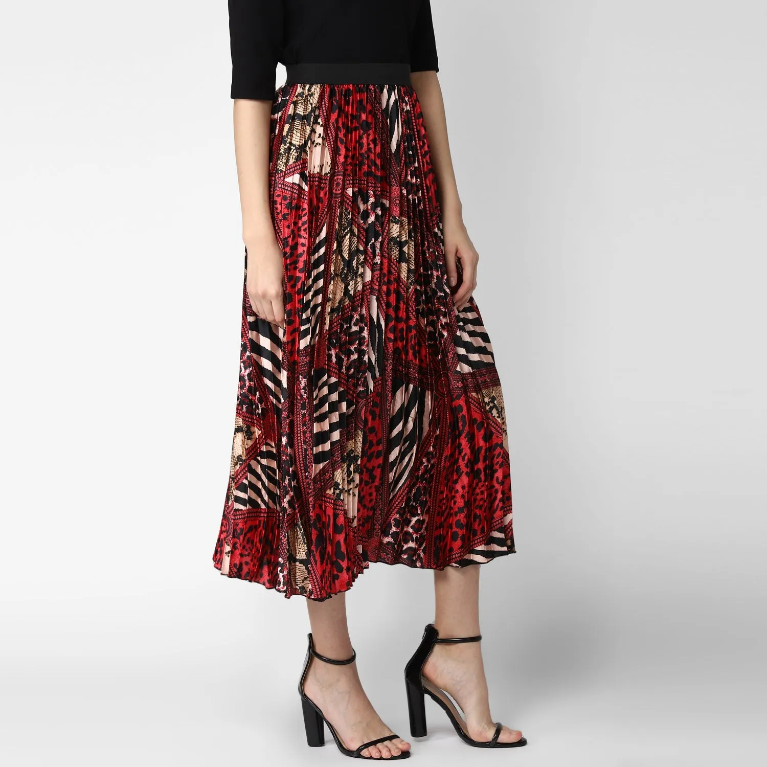 Women's Satin Printed Pleated Skirt - StyleStone