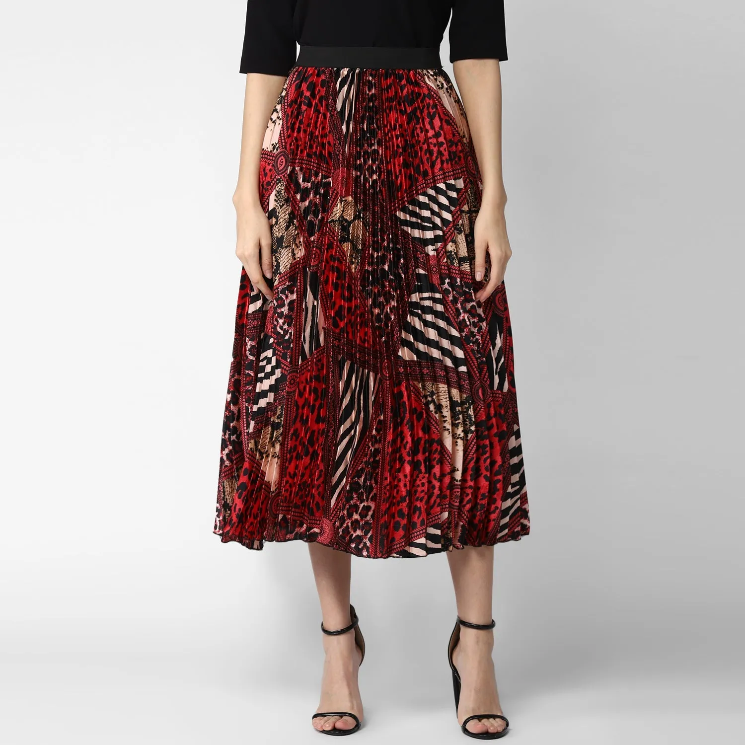 Women's Satin Printed Pleated Skirt - StyleStone