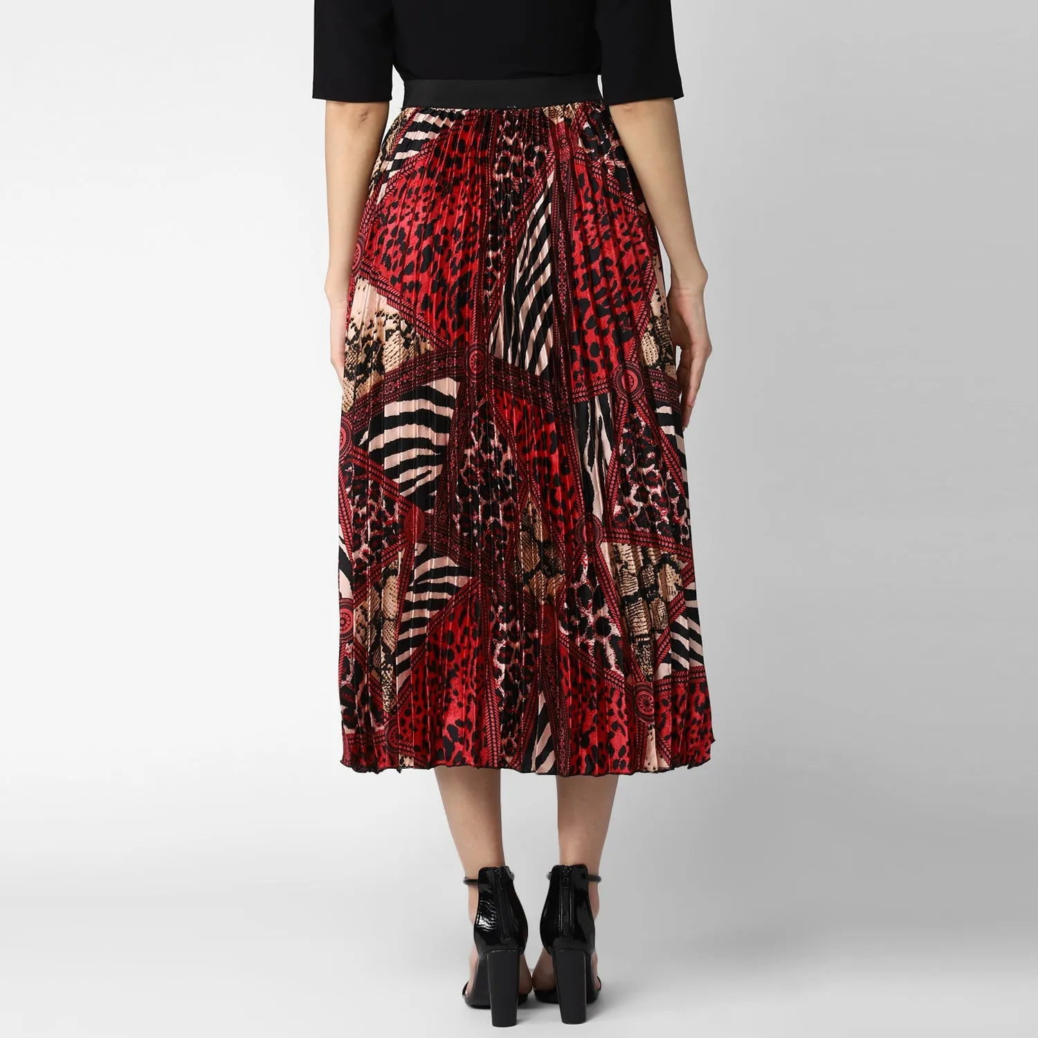 Women's Satin Printed Pleated Skirt - StyleStone