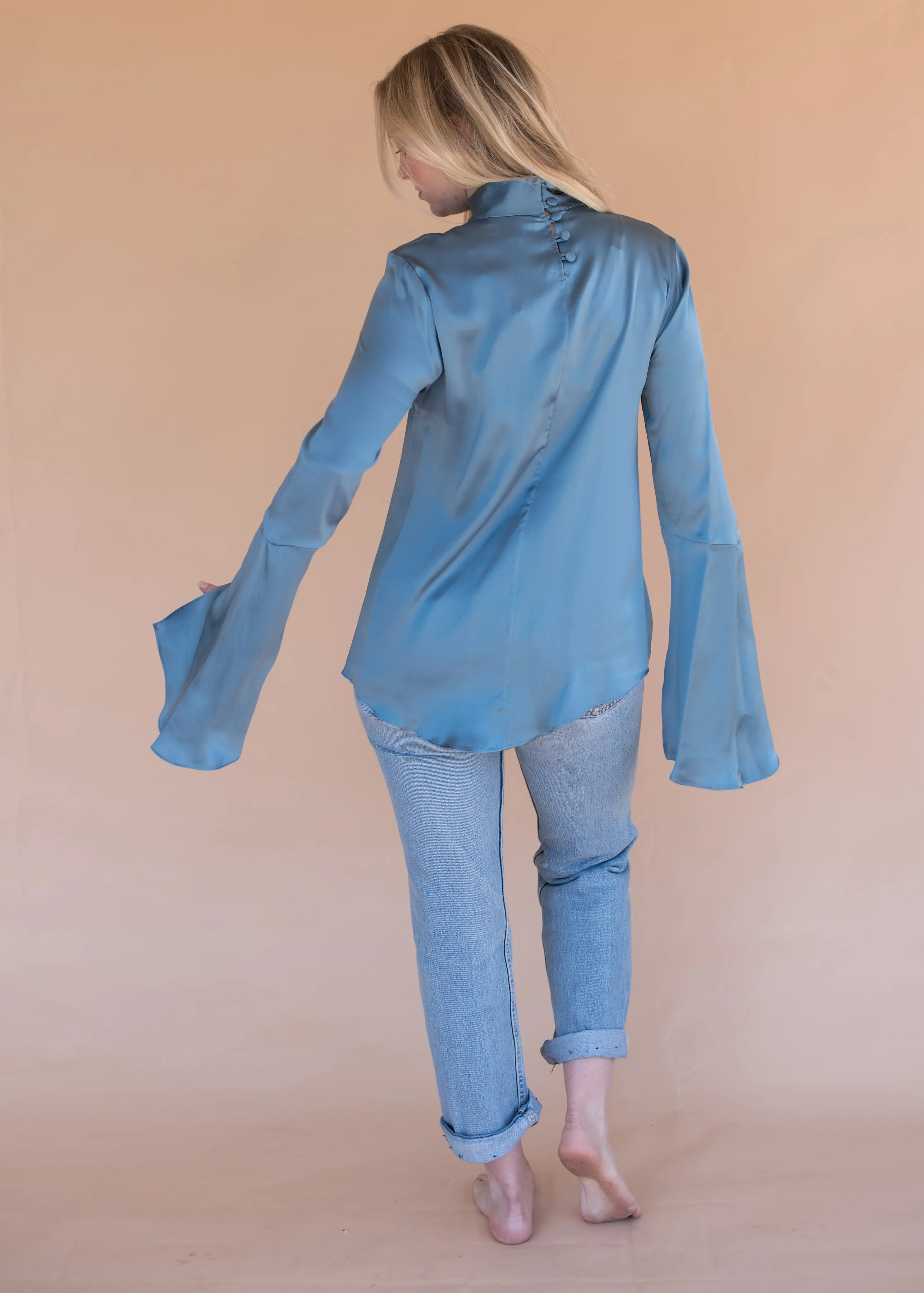 Women’s Silk Blue Blouse with Bell Sleeves and Buttons