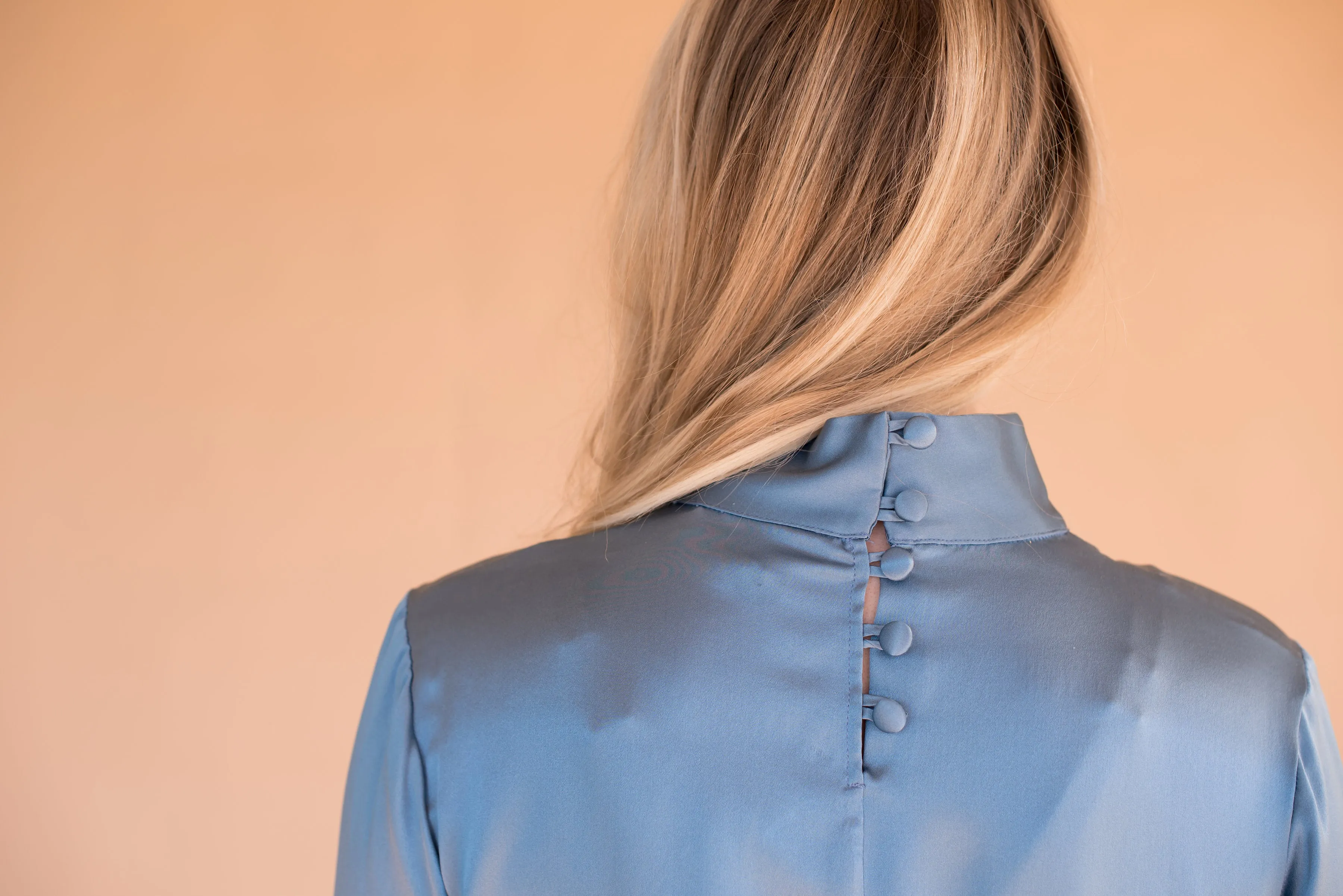 Women’s Silk Blue Blouse with Bell Sleeves and Buttons