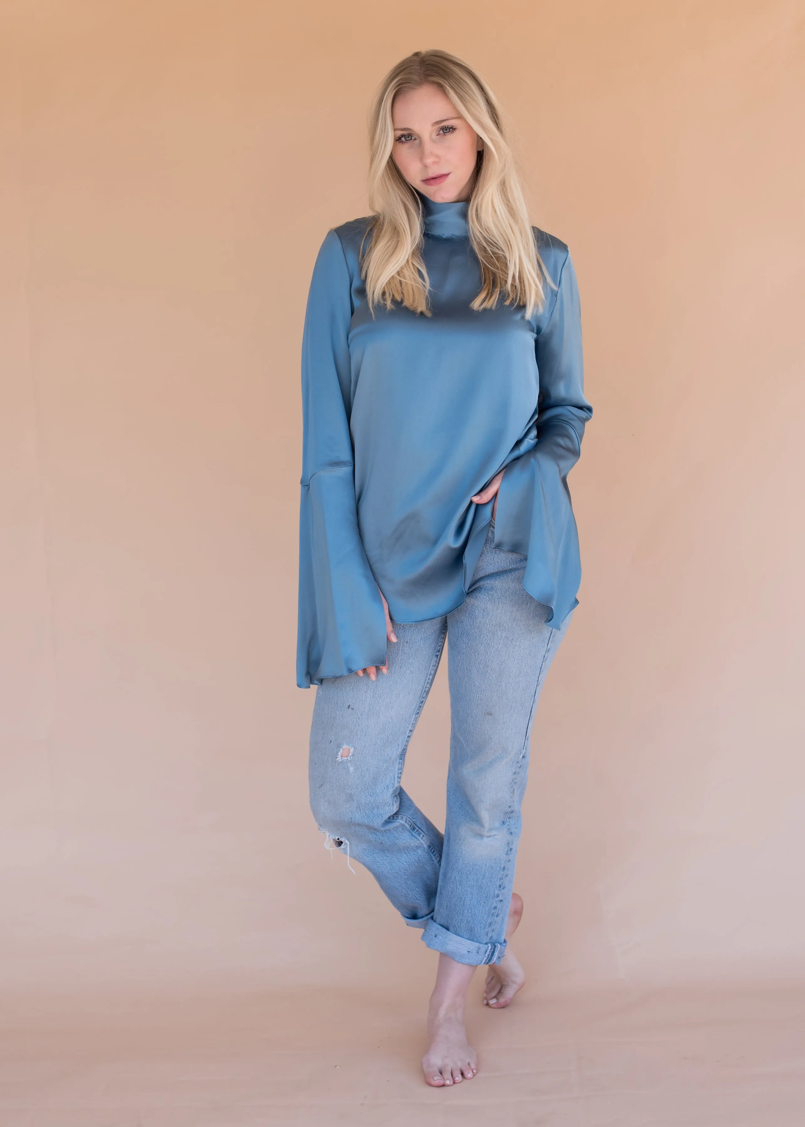 Women’s Silk Blue Blouse with Bell Sleeves and Buttons