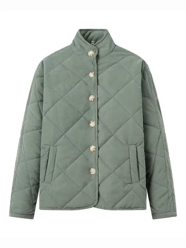 Women's Solid Button-Up Quilted Jacket